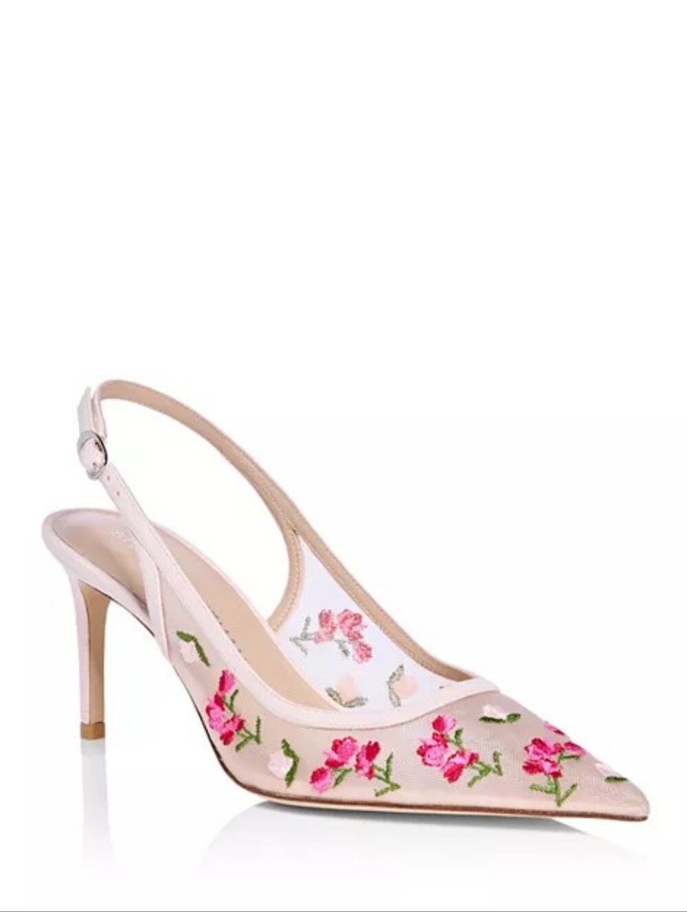 Stuart Weitzman Power Slingback Rosewater Embroidered Mesh Floral Heels 7.5B